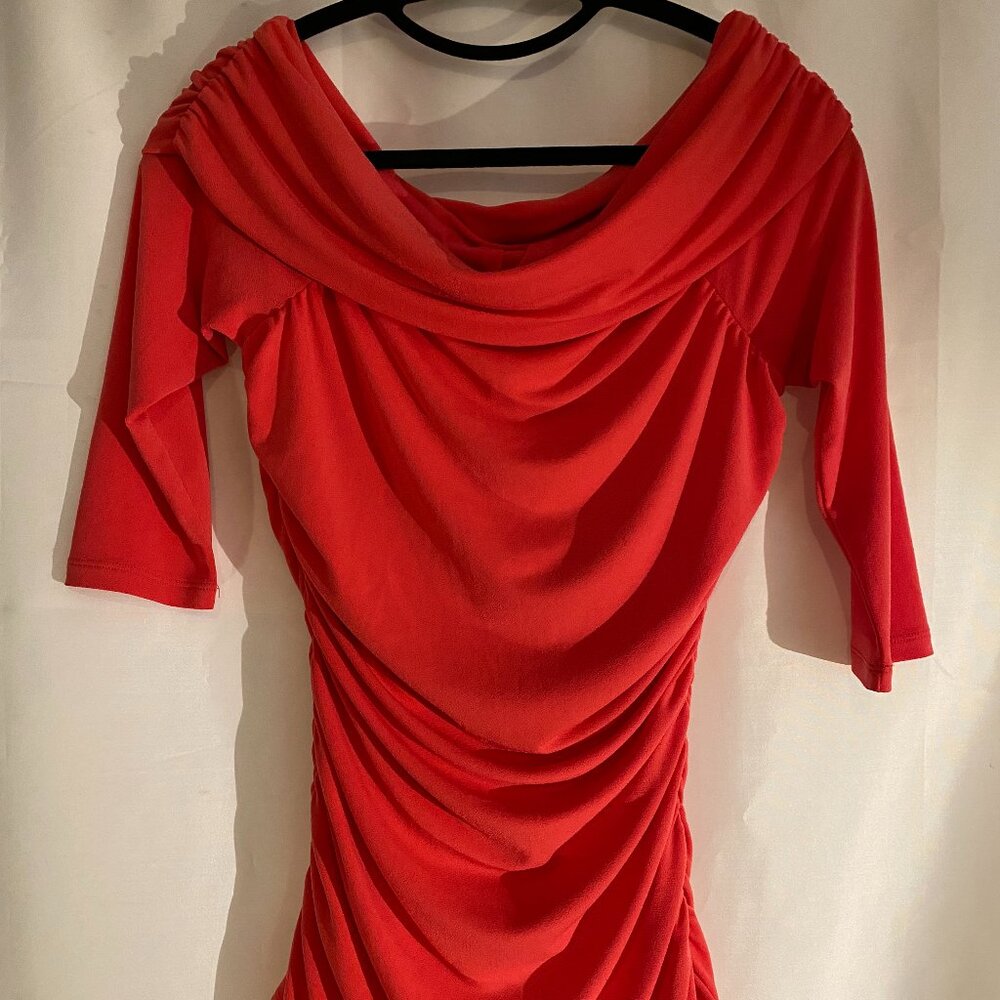 NWOT ANN TAYLOR Red Stretch Blouse Top 3/4 Sleeve Neck & Side Drape Women S
